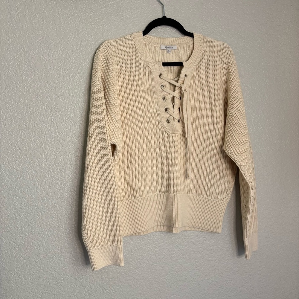 Madewell Ribbed Lace-Up Sweater Antique Cream XL